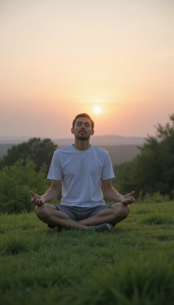 A calm person practicing deep breathing outdoors at sunrise, with soft pastel colors, serene expression, and lush greenery in a minimalist style conveying tranquility.