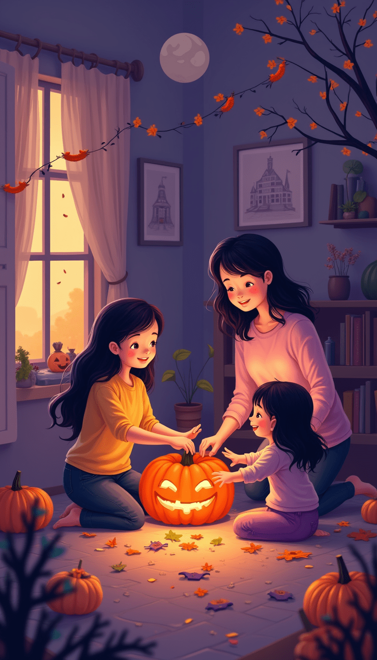 Colorful Halloween crafts for families displayed on a wooden table with orange, black, and purple decorations, children and parents making crafts together, a warm and festive mood