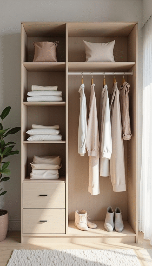 A vibrant and organized capsule wardrobe featuring neatly folded clothes in neutral and pastel tones, hanging essentials, and accessories displayed on a modern, minimalist shelf with natural light streaming from a window, creating a fresh, clean, and stylish mood