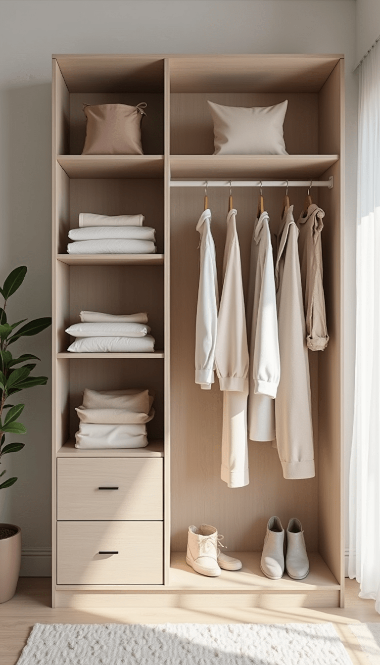 A vibrant and organized capsule wardrobe featuring neatly folded clothes in neutral and pastel tones, hanging essentials, and accessories displayed on a modern, minimalist shelf with natural light streaming from a window, creating a fresh, clean, and stylish mood