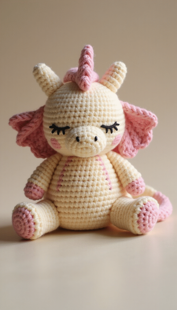 Colorful handmade sleeping dragon amigurumi with intricate crochet details, soft pastel shades, placed on a neutral background with gentle lighting creating a cozy and inviting mood