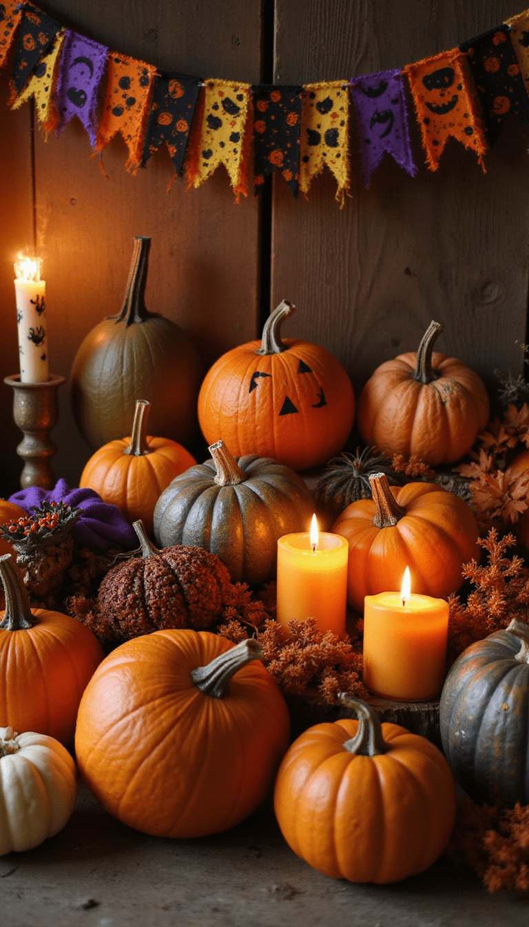 Vibrant autumn-themed Halloween crafts featuring orange, black, and purple colors, with decorated pumpkins, spooky banners, and handmade decor on a rustic wooden table, styled in a cozy and festive mood.
