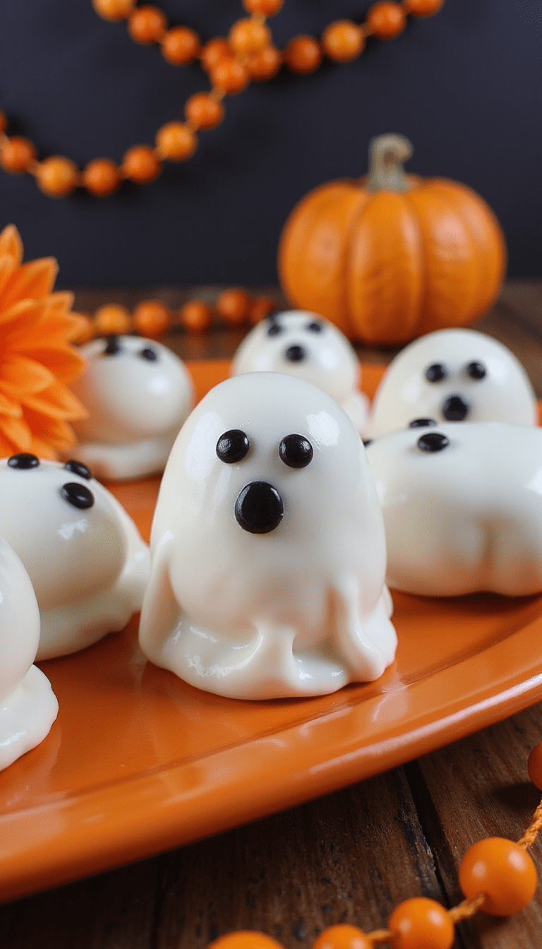 A close-up shot of spooky ghost-shaped Oreo truffles with white coating and black edible details, set on a festive Halloween-themed table with orange and black decorations, styled in a playful and inviting manner, vibrant colors and a cheerful mood.
