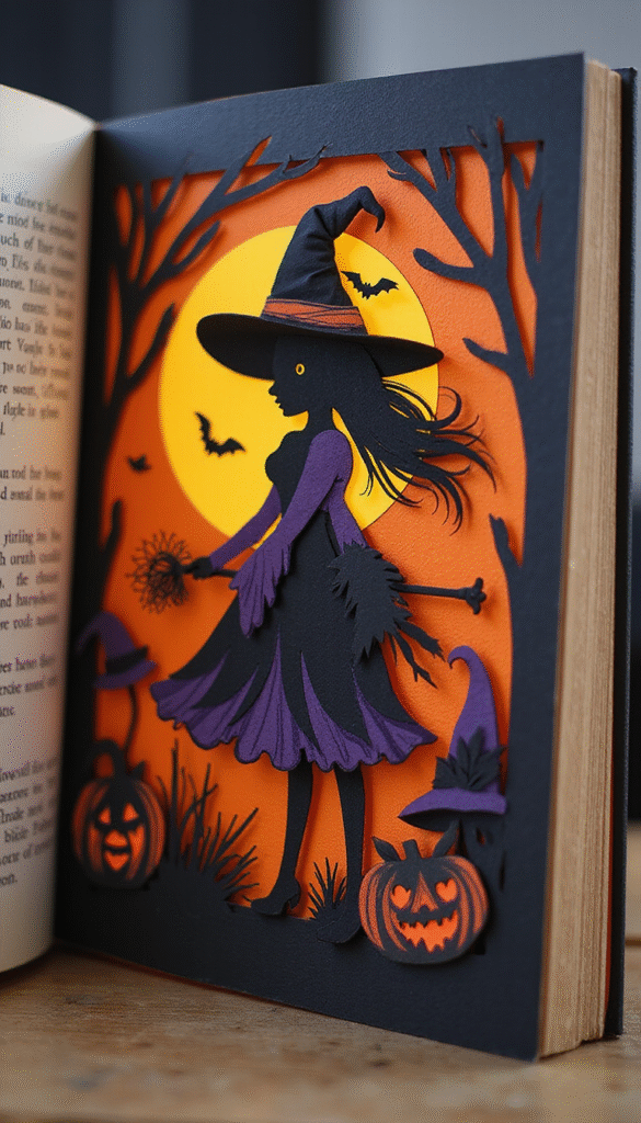 A close-up of a vintage-styled Halloween book page craft featuring cut-out witch illustrations, orange, black, and purple colors with a spooky glow, showcasing intricate paper techniques in a dark background