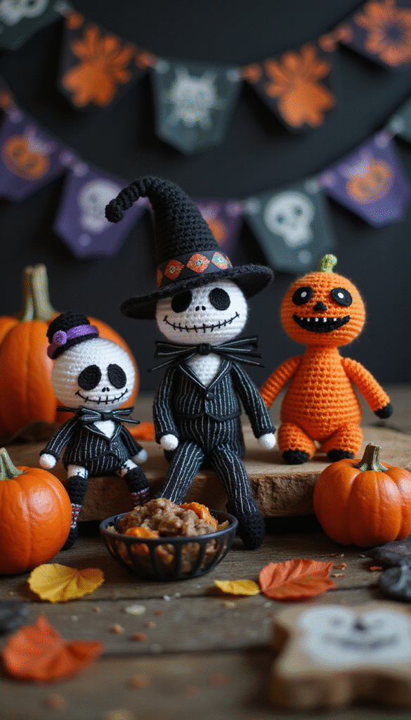Colorful and whimsical yarn crochet patterns featuring Jack Skellington's face and figures, set against a dark Halloween-themed background with orange, black, and white hues, styled in a cozy and charming craft setting