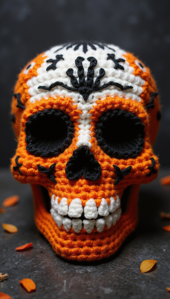 Close-up of a vibrant crochet skull ornament with intricate stitch details in orange, black, and white yarns, on a dark wooden table with Halloween decorations in the background, mood is festive yet edgy, focus on the detailed craftsmanship.