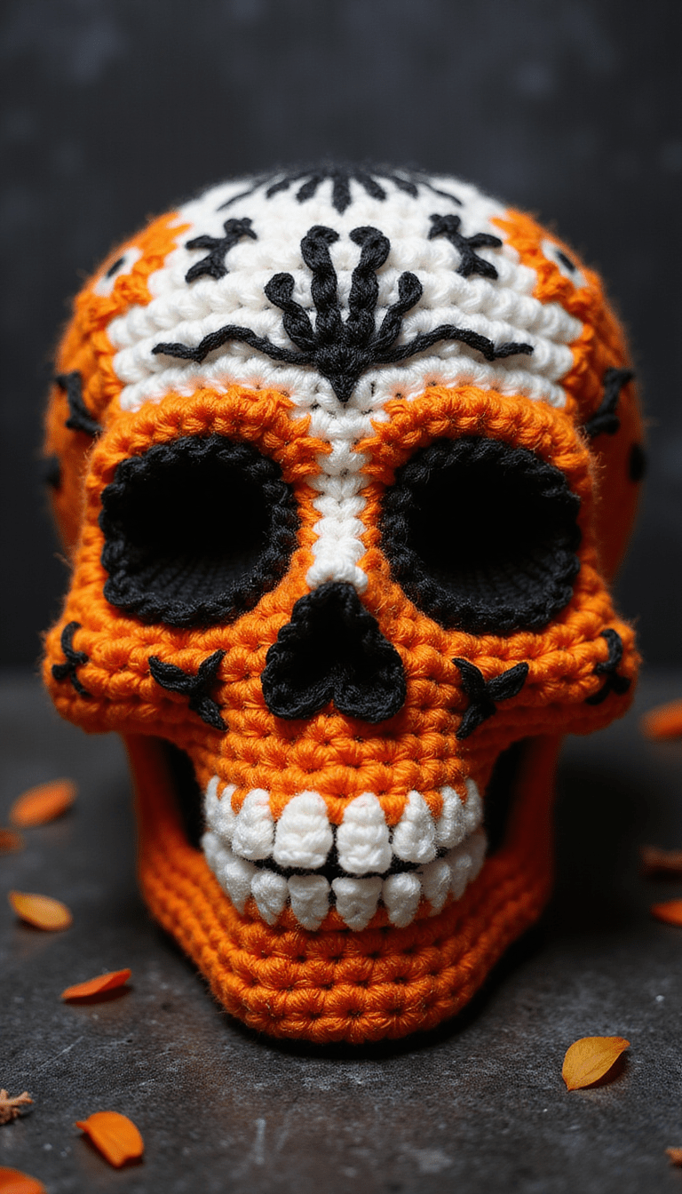 Close-up of a vibrant crochet skull ornament with intricate stitch details in orange, black, and white yarns, on a dark wooden table with Halloween decorations in the background, mood is festive yet edgy, focus on the detailed craftsmanship.