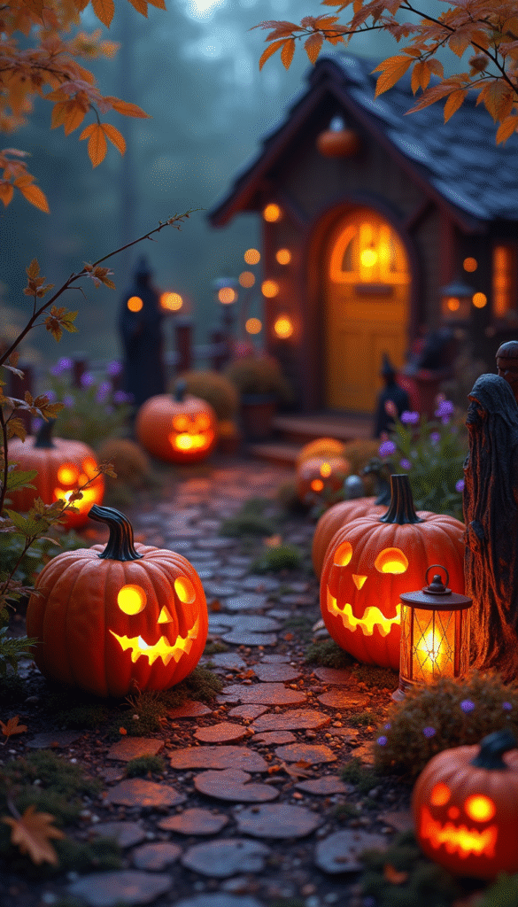 Vivid outdoor Halloween garden scene featuring illuminated pumpkins, haunted garden figurines, spooky lanterns, and autumn foliage in warm orange and purple hues, styled in a whimsical and eerie mood