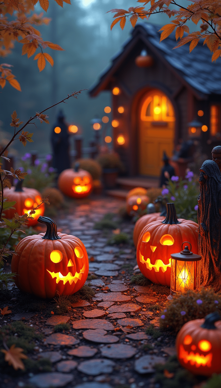 Vivid outdoor Halloween garden scene featuring illuminated pumpkins, haunted garden figurines, spooky lanterns, and autumn foliage in warm orange and purple hues, styled in a whimsical and eerie mood