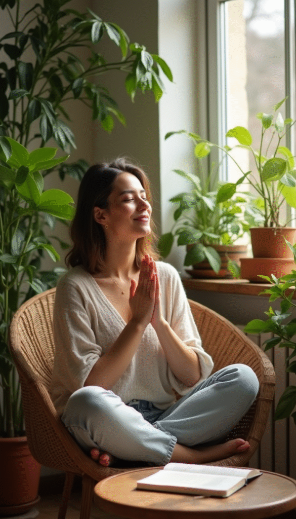 A bright and cheerful morning scene featuring a person practicing affirmations in a cozy, well-lit space with plants, journal, and warm tones, inspiring calm and positivity.