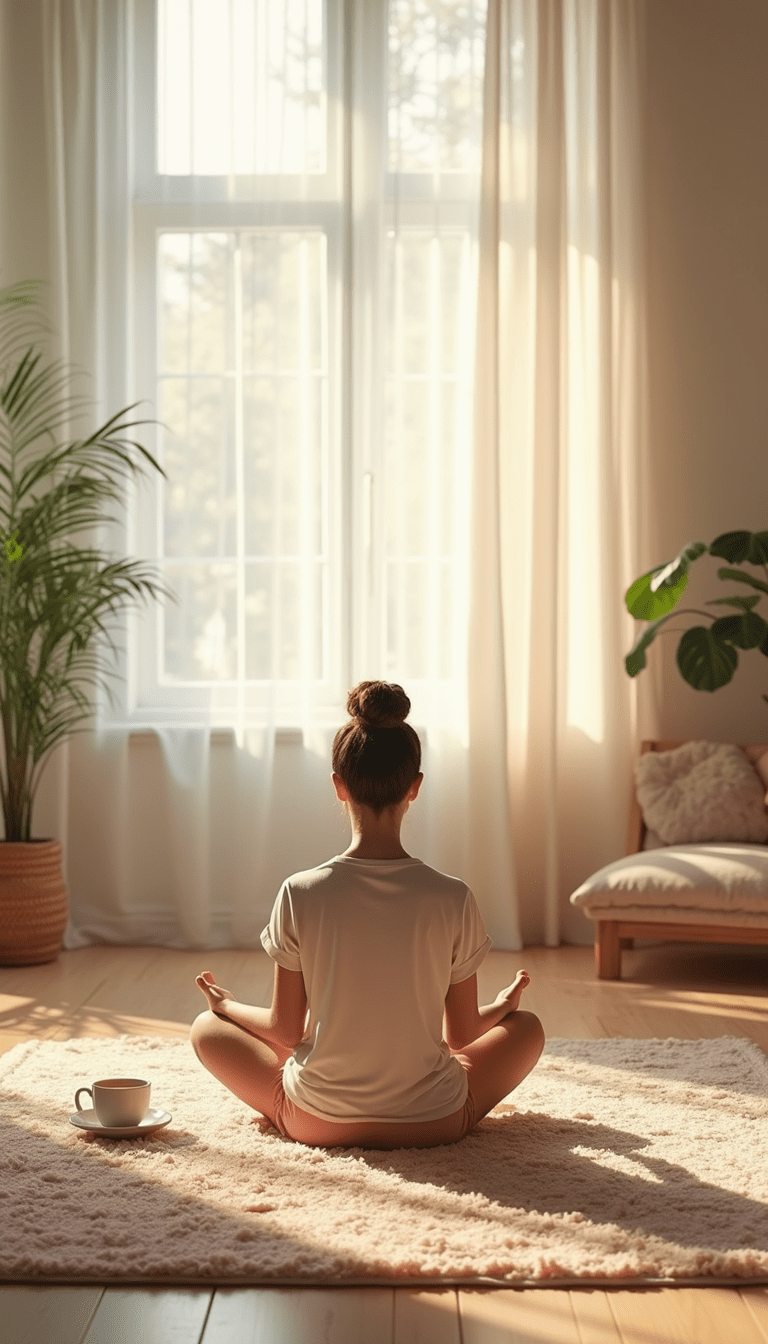 A calming scene featuring a cozy living room with soft pastel colors, a cup of herbal tea on a wooden table, a person practicing meditation on a rug, and gentle sunlight streaming through a window, creating a peaceful and relaxing atmosphere.