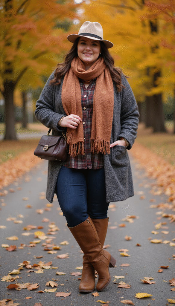 Vibrant fall fashion ensemble featuring plus size models wearing layered sweaters, scarves, and stylish boots in warm autumn colors, set against a cozy outdoor backdrop with fallen leaves, capturing a stylish, confident, and comfortable mood.