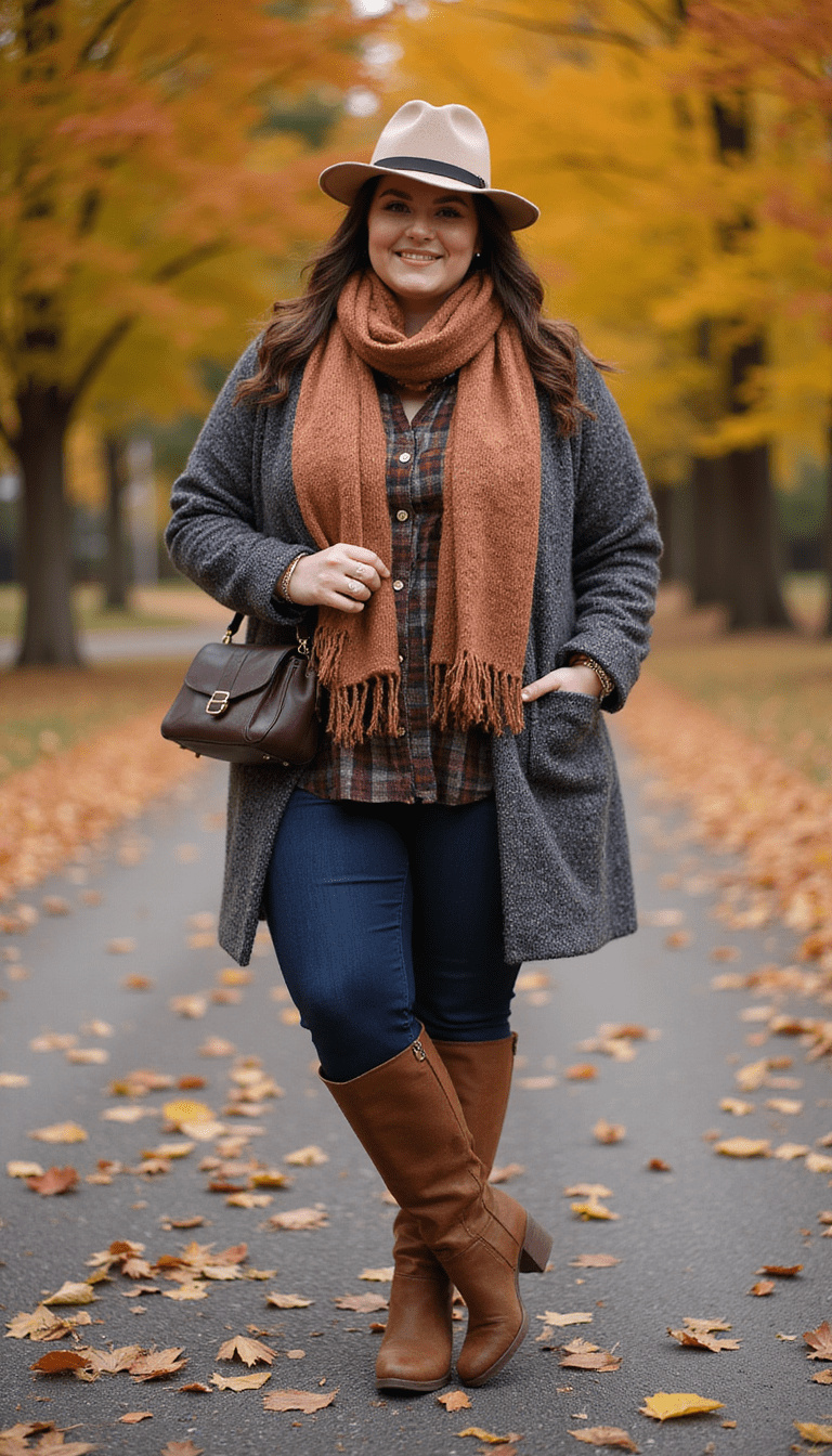 Vibrant fall fashion ensemble featuring plus size models wearing layered sweaters, scarves, and stylish boots in warm autumn colors, set against a cozy outdoor backdrop with fallen leaves, capturing a stylish, confident, and comfortable mood.