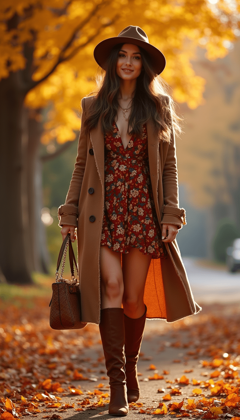 A vibrant collage of fashionable fall party outfits featuring women in chic dresses, cozy layers, stylish accessories, warm color tones, against a festive autumn backdrop, photography style with warm lighting and a lively, celebratory mood