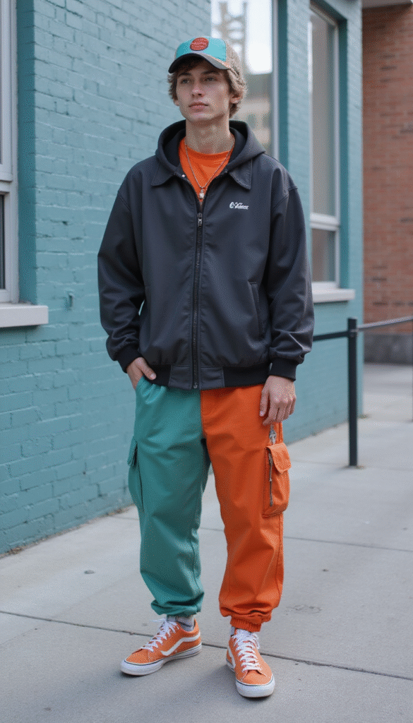 A modern male model showcasing trendy casual outfits for 2025, with vibrant colors, minimalist background, and a confident pose emphasizing contemporary style