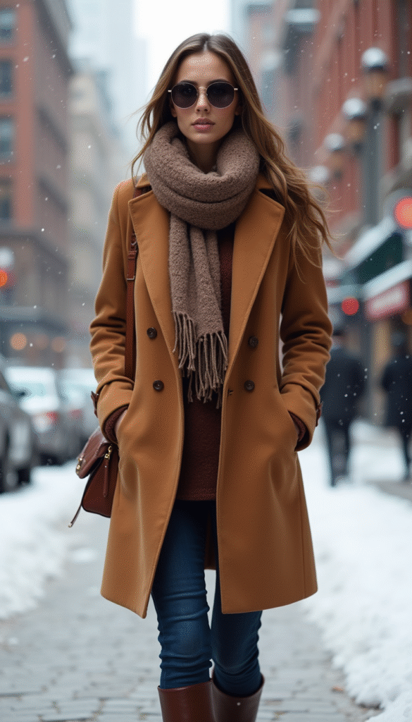 A fashionable woman in a chic winter outfit featuring a cozy coat, stylish boots, and accessories, set against a snowy cityscape with soft natural lighting, modern yet elegant style, emphasizing warmth and sophistication.