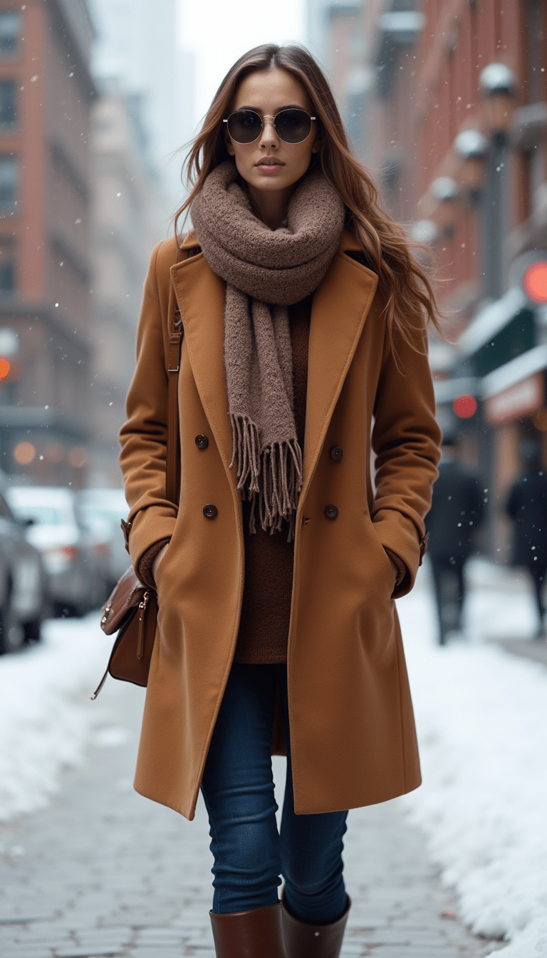 A fashionable woman in a chic winter outfit featuring a cozy coat, stylish boots, and accessories, set against a snowy cityscape with soft natural lighting, modern yet elegant style, emphasizing warmth and sophistication.