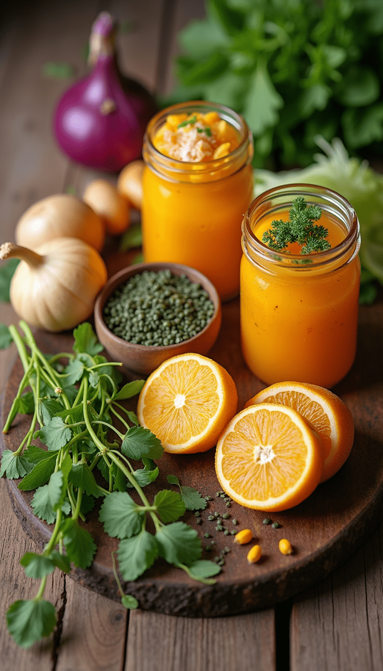 A vibrant image featuring a clean, fresh bowl of colorful fermented foods like yogurt, sauerkraut, and herbs on a rustic wooden table with natural sunlight, illustrating healthy gut support with a calming and nourishing atmosphere.