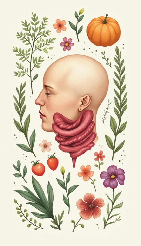 A vibrant illustration of a healthy thyroid gland with surrounding herbs and fruits in soft pastel colors, depicting natural wellness and balance, with a serene and inspiring mood