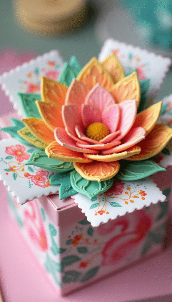 A vibrant, colorful explosion gift box with layers of decorative paper and tiny surprises spilling out, set against a soft pastel background in a cheerful, craft-inspired style.