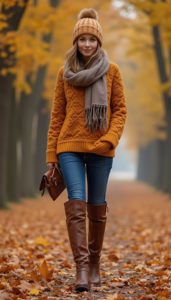 A vibrant collection of fall outfits featuring cozy sweaters, stylish boots, layered jackets, and fall-colored accessories laid out on a rustic wooden background, with warm autumn leaves scattered around, creating a cozy and fashionable autumn vibe.