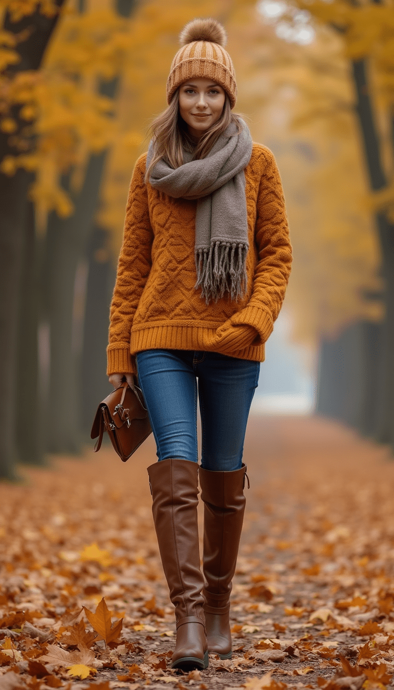 A vibrant collection of fall outfits featuring cozy sweaters, stylish boots, layered jackets, and fall-colored accessories laid out on a rustic wooden background, with warm autumn leaves scattered around, creating a cozy and fashionable autumn vibe.
