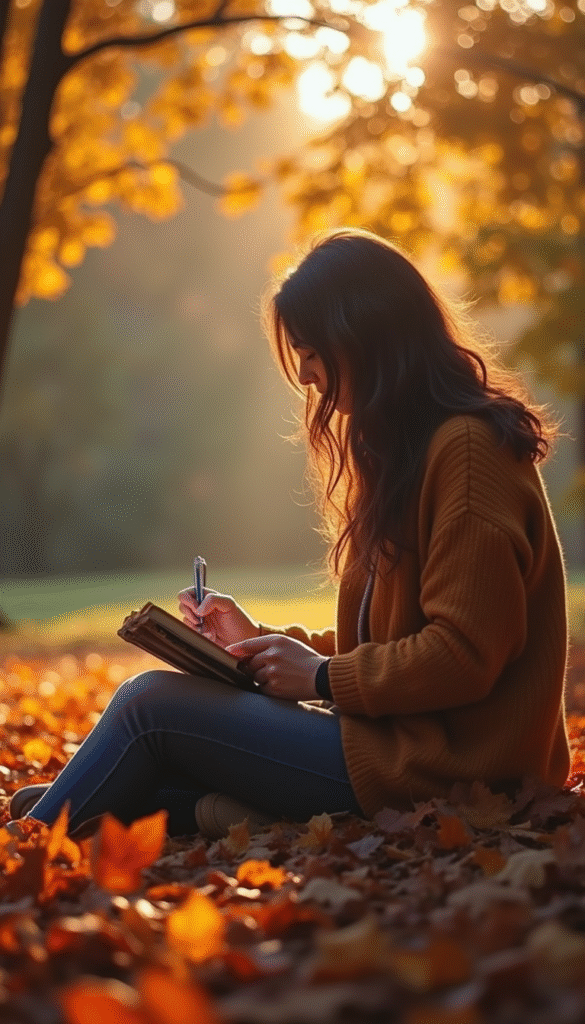 A vibrant, uplifting scene featuring a person writing in a gratitude journal surrounded by colorful autumn leaves, warm sunlight, and cozy atmosphere in a peaceful home setting, illustrated in a soft, inviting style that evokes calm and positivity.