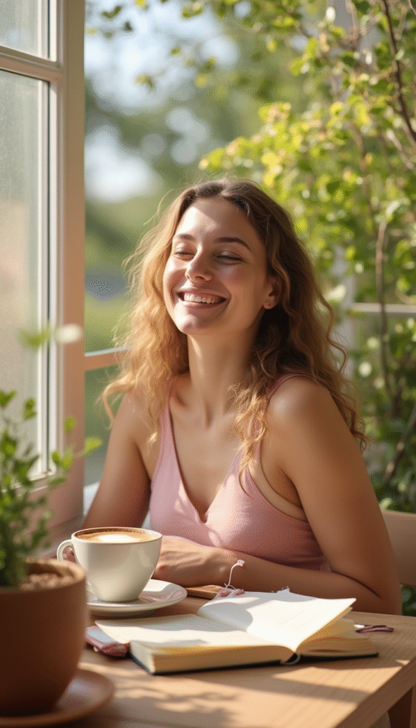 A bright and cheerful morning scene featuring a woman stretching on a sunlit balcony, a steaming cup of coffee, and a journal, with soft pastel colors and natural light creating a peaceful mood.