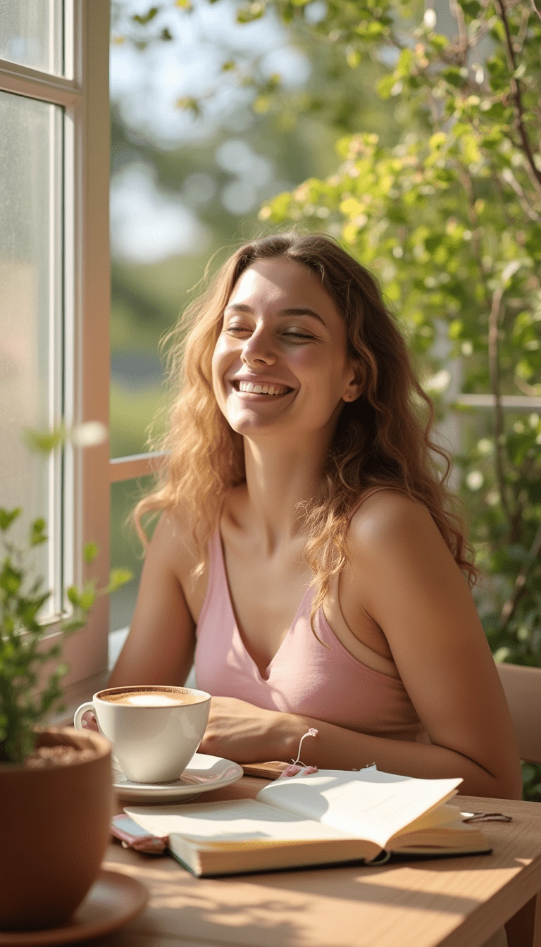 A bright and cheerful morning scene featuring a woman stretching on a sunlit balcony, a steaming cup of coffee, and a journal, with soft pastel colors and natural light creating a peaceful mood.