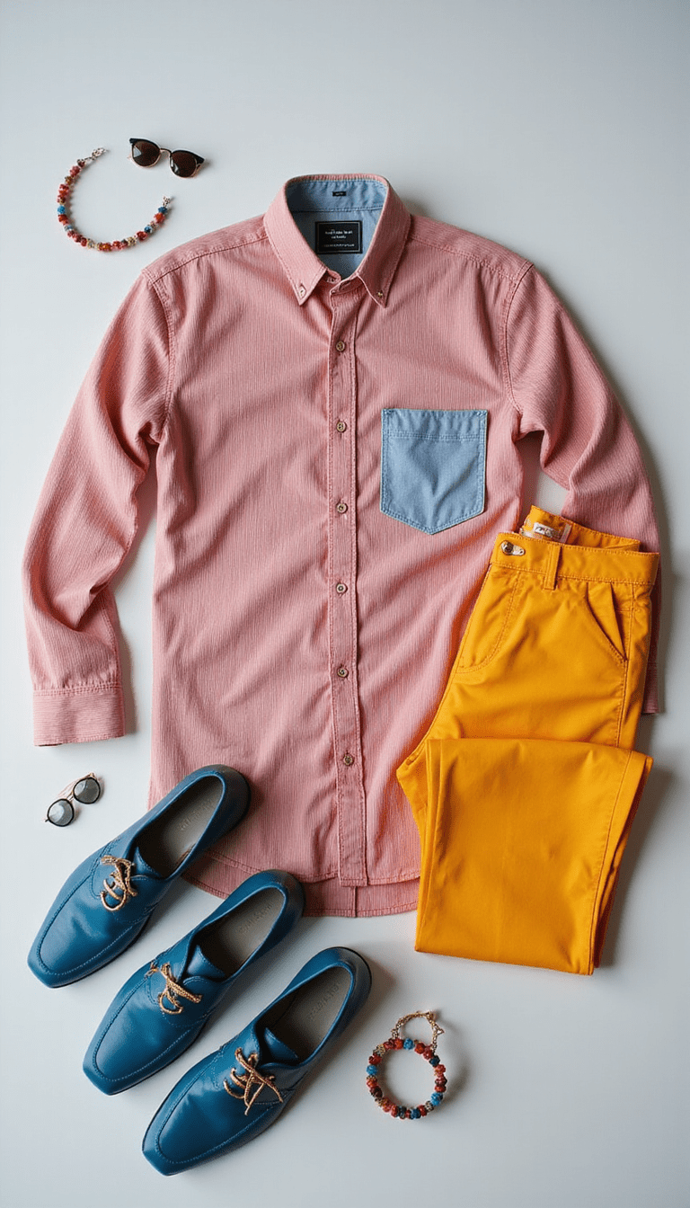 An elegant flat lay of colorful clothing items including shirts, pants, and accessories arranged on a neutral background, with vibrant colors like red, blue, yellow, and green standing out, styled in a modern, clean aesthetic that emphasizes harmony and style.
