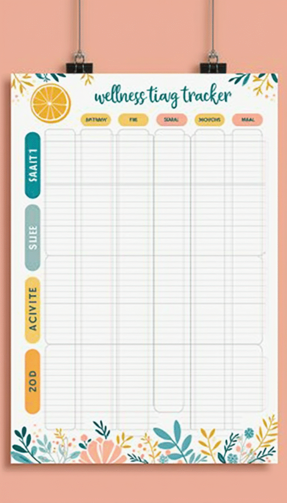 A colorful printable wellness tracker page with sections for hydration, sleep, exercise, mood, and goals, featuring vibrant icons and modern fonts, on a clean white background
