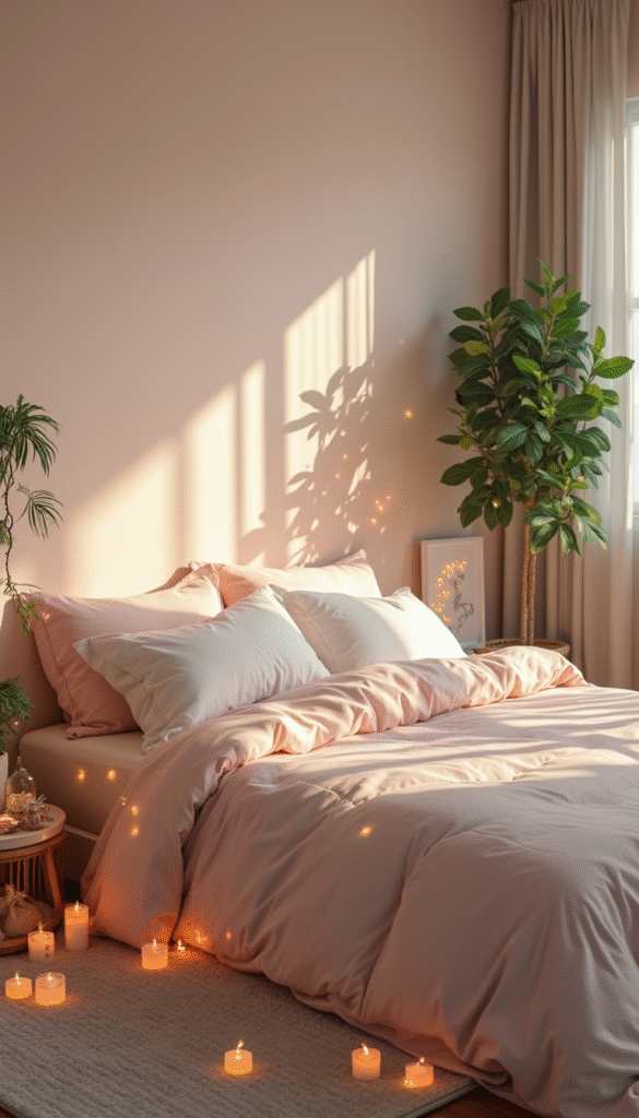 A peaceful bedroom scene featuring soft pastel colors, plush bedding, ambient fairy lights, calming candles, and lush indoor plants, creating a tranquil sleep sanctuary mood.