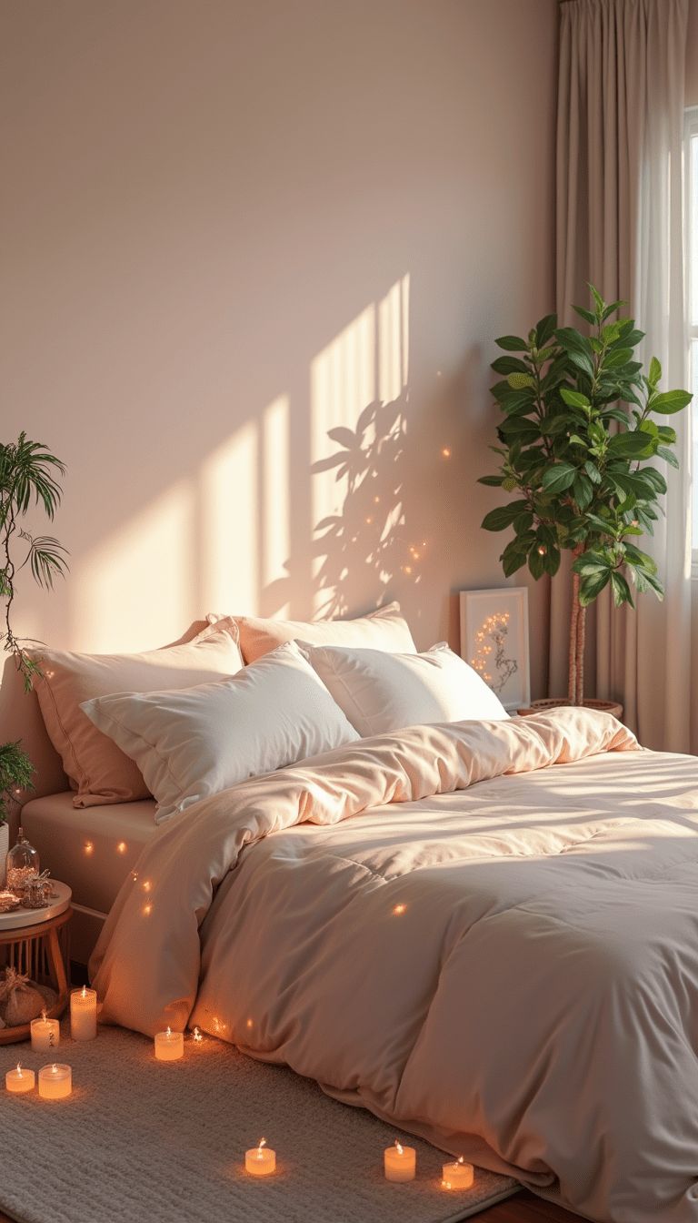 A peaceful bedroom scene featuring soft pastel colors, plush bedding, ambient fairy lights, calming candles, and lush indoor plants, creating a tranquil sleep sanctuary mood.