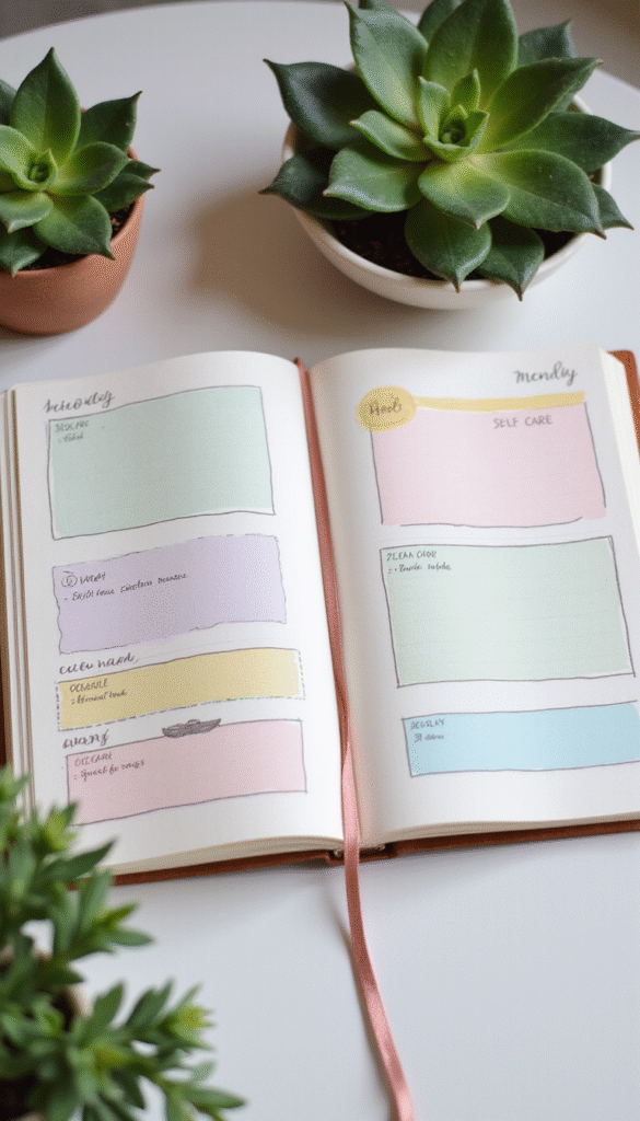 A vibrant, organized weekly self-care planner open on a desk with colorful pens, a cup of tea, and relaxing plant decor in soft pastel tones, evoking calm and mindfulness