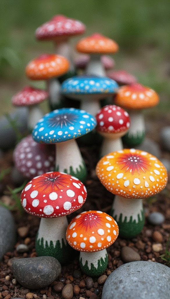 Close-up of vibrantly painted mushroom-shaped rocks with intricate patterns and bright colors, set against a natural earthy background, in a whimsical and artistic style, evoking creativity and outdoor charm