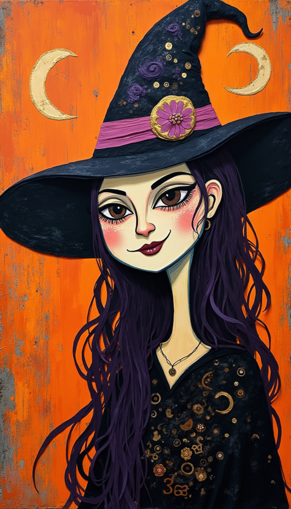A vibrant Halloween collage featuring abstract Puig-like witch faces, ochre, purple, black, and orange tones, with vintage paper textures and playful spooky elements, in a modern artistic style