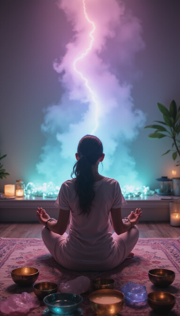 A serene scene of a person seated cross-legged in a peaceful room, surrounded by crystal bowls and singing bowls emitting gentle, colorful sound waves, with soft natural lighting creating a calming, harmonious atmosphere.