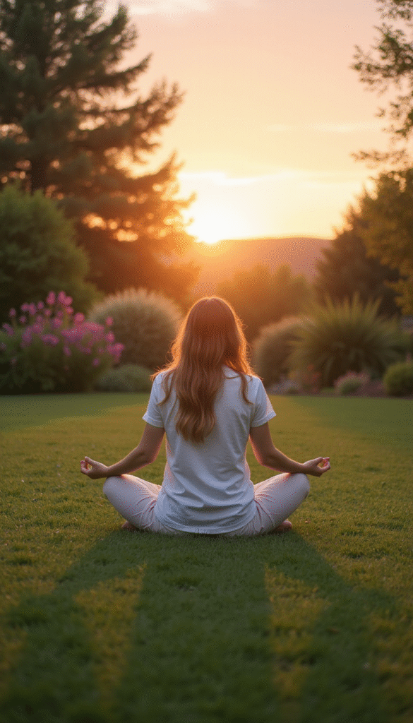 A serene image featuring a person sitting cross-legged in a peaceful outdoor garden during sunset, with soft pastel colors, calm expression, surrounded by nature, minimalist style, promoting tranquility and mindfulness.