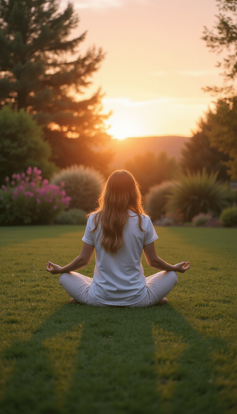 A serene image featuring a person sitting cross-legged in a peaceful outdoor garden during sunset, with soft pastel colors, calm expression, surrounded by nature, minimalist style, promoting tranquility and mindfulness.