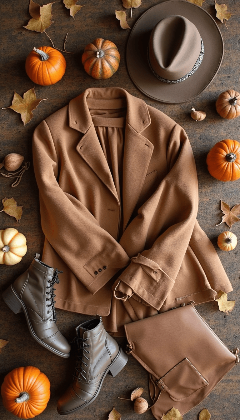 A vibrant flat lay of stylish clothing pieces arranged neatly with accessories, featuring warm fall tones, soft textures, and fashionable layers on a rustic wooden surface, conveying a cozy yet chic mood.