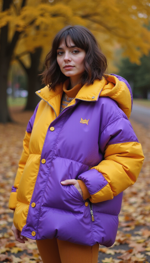 A vibrant image of a 1996 retro Nuptse jacket in bold purple and yellow hues, displayed on a mannequin against a cozy autumnal background with falling leaves, highlighting its puffy texture and vintage style in a bright, inviting mood.